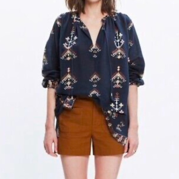 Madewell Marta Navy Aztec Embroidered Boho Peasant Top - Picture 1 of 10